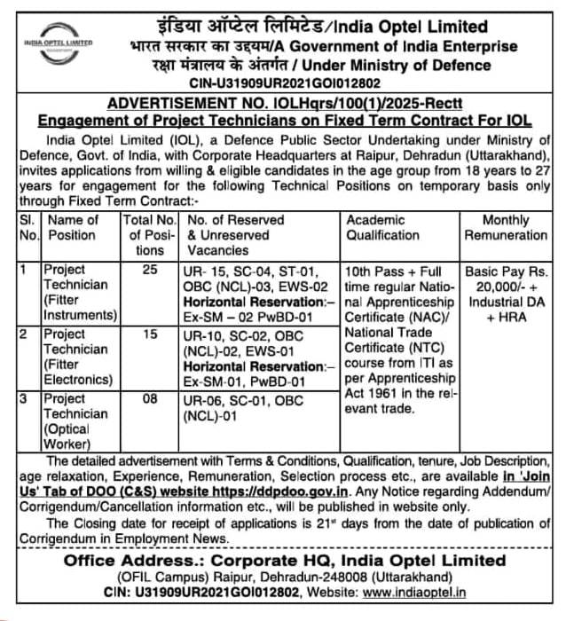 IOL Project Technician Recruitment 2025