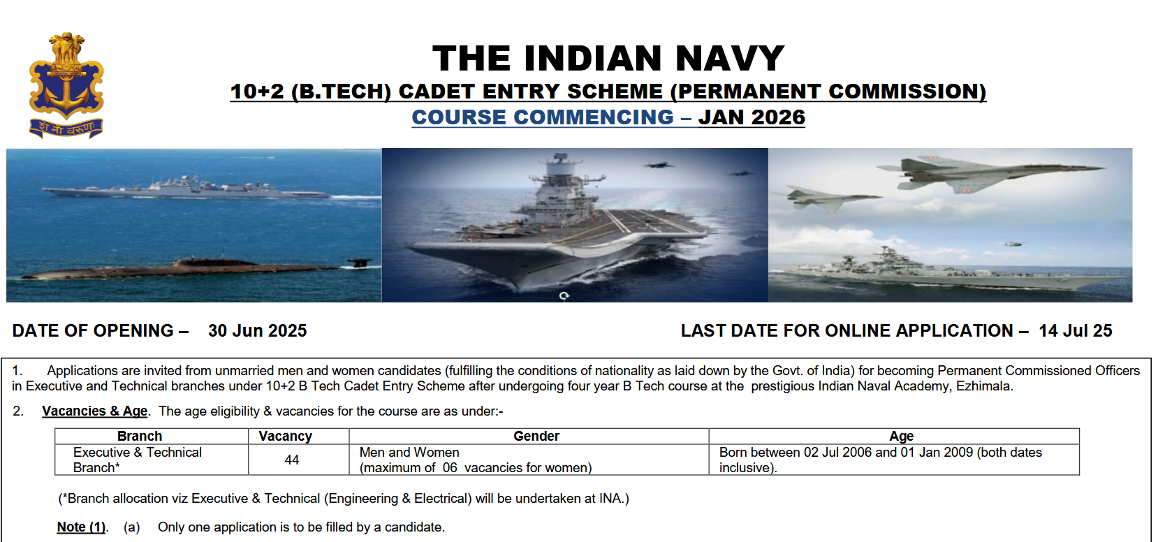 Indian Navy 10+2 B.Tech Entry Online Form 2025