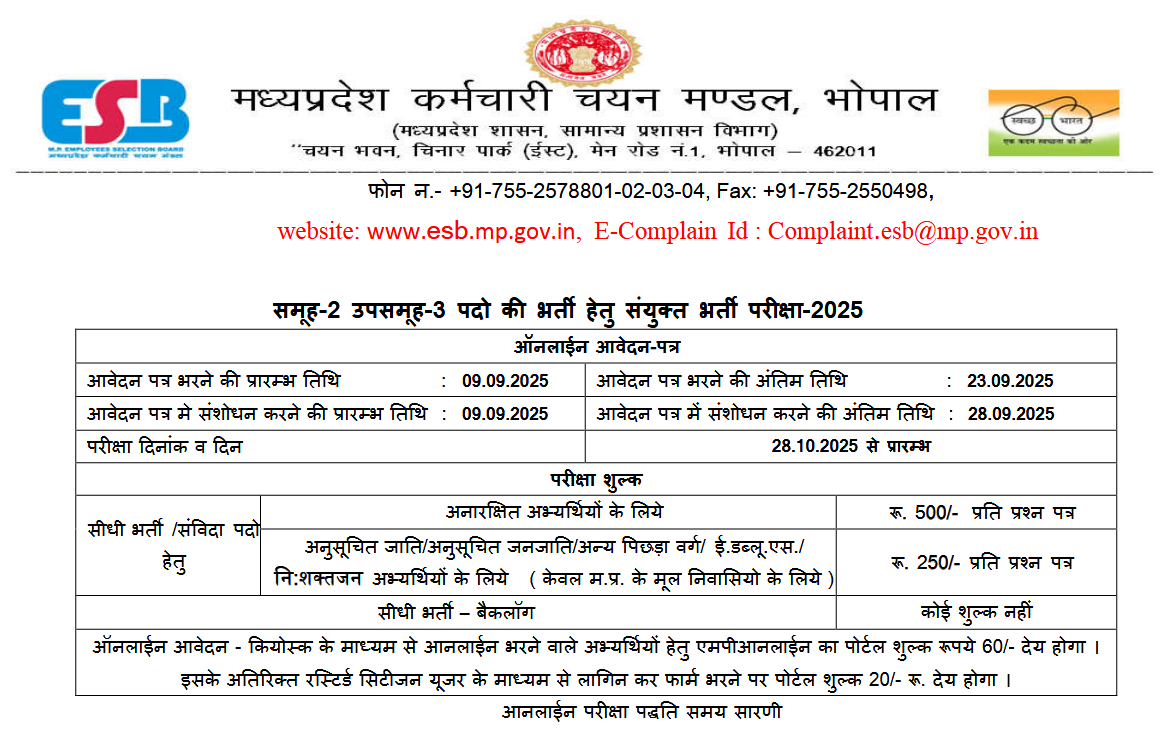 MPESB Group 2 Sub Group 3 Various Post Online Form 2025