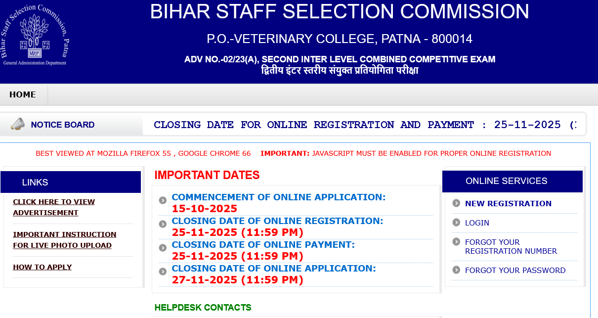 Bihar SSC BSSC 10+2 Inter Level Online Form 2025 for 23175 Post