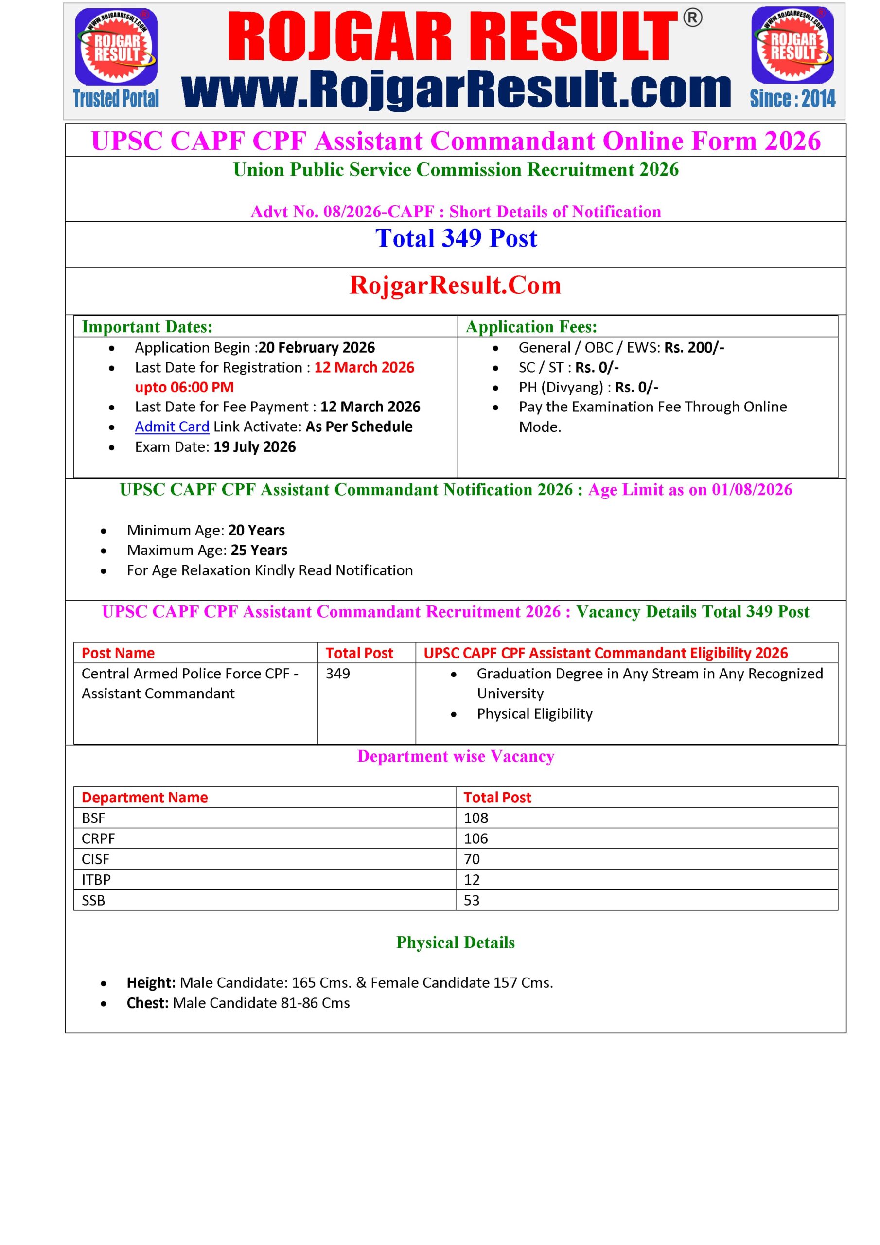 UPSC CAPF CPF Assistant Commandant Online Form 2026 - Rojgar Result ...